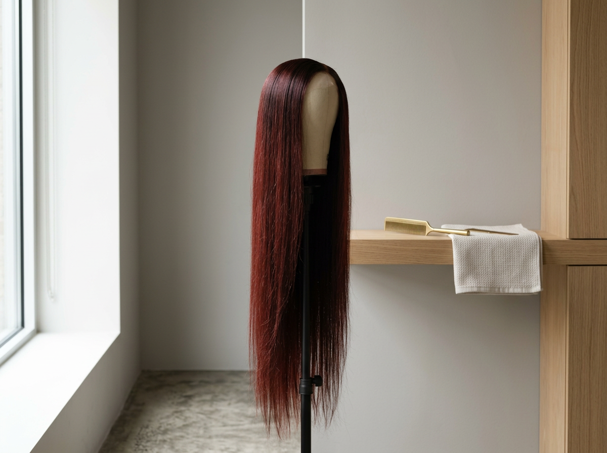 A long, straight, dark red wig on a wig stand in a room with natural light. Next to it is a wooden shelf with a hairbrush and a white towel.