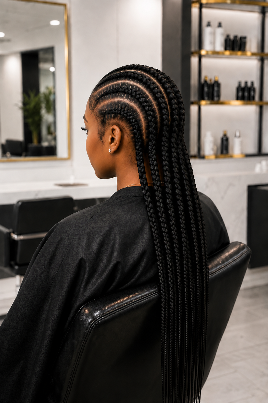 A woman with long, intricate braids sitting in a salon chair, facing away, with shelves of hair products in background.