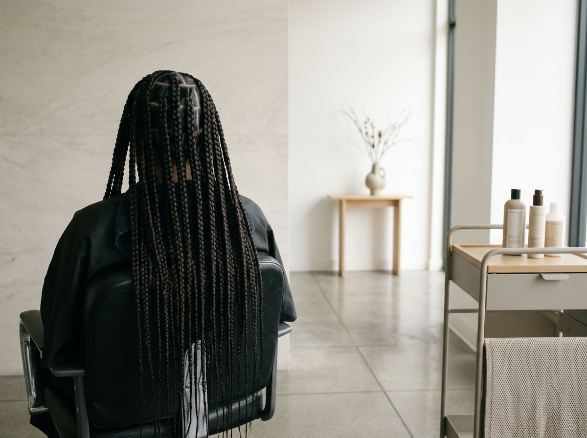 A woman with braided hair sitting in a modern waiting area or salon, with a table holding bottles of hair or skincare products nearby, and a minimalistic vase with branches in the background.