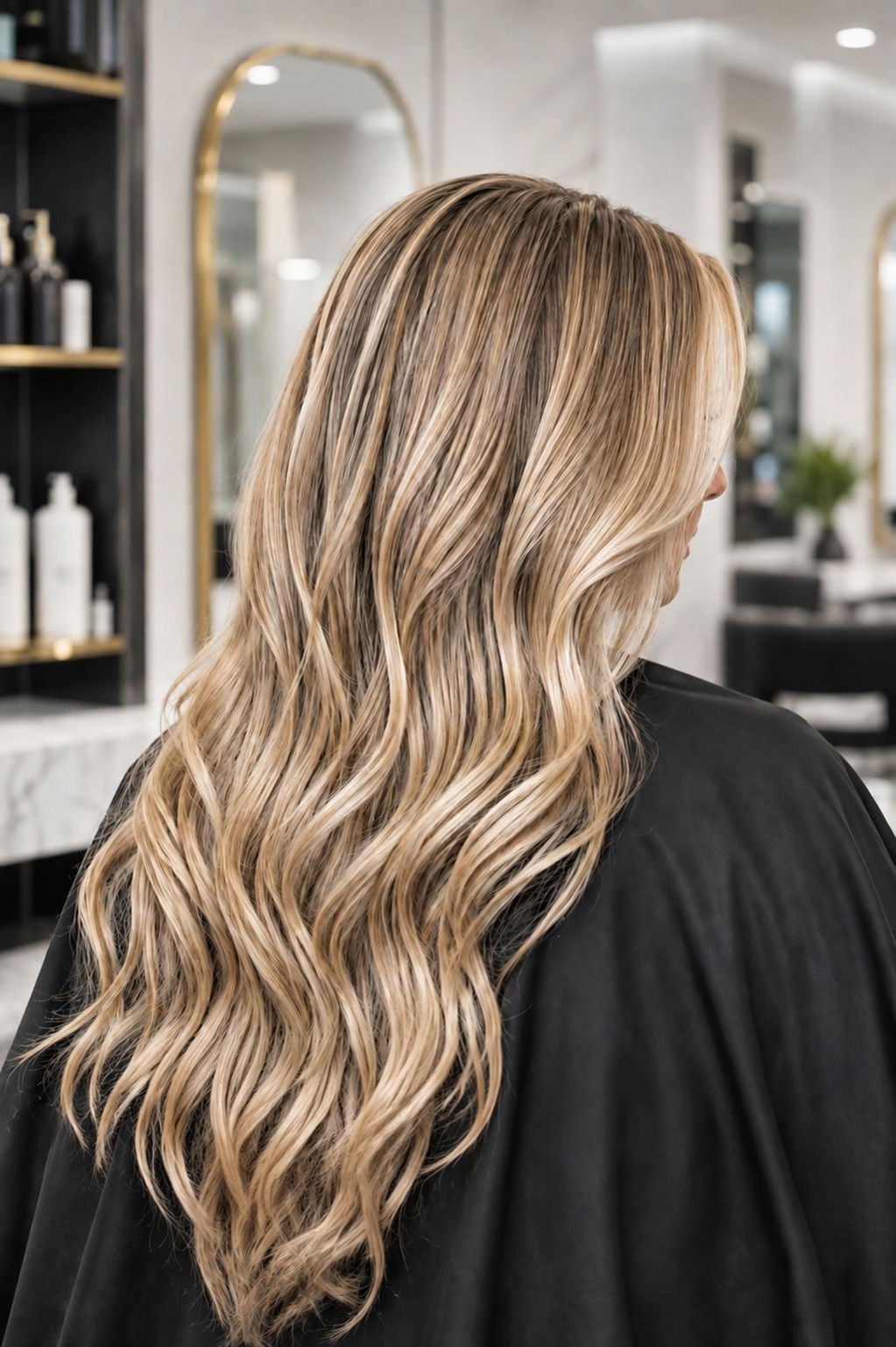 Back view of a woman with long, wavy blonde hair in a salon.