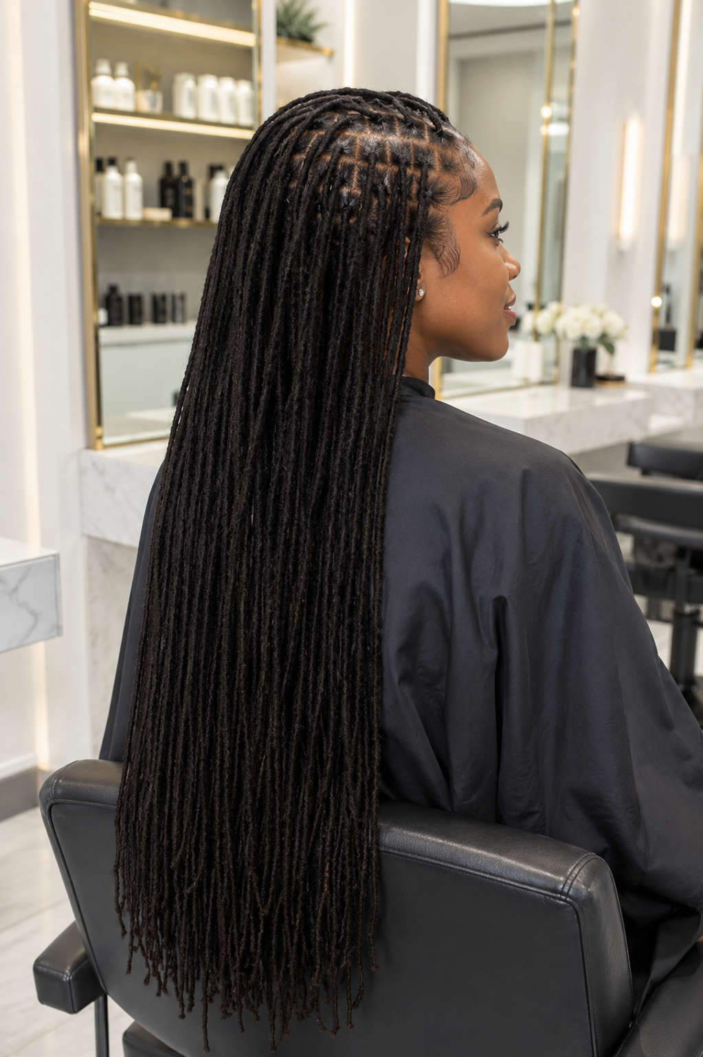 A woman with long, dark, twisted dreadlocks sitting in a salon chair, facing sideways, with shelves of hair products and mirrors in the background.