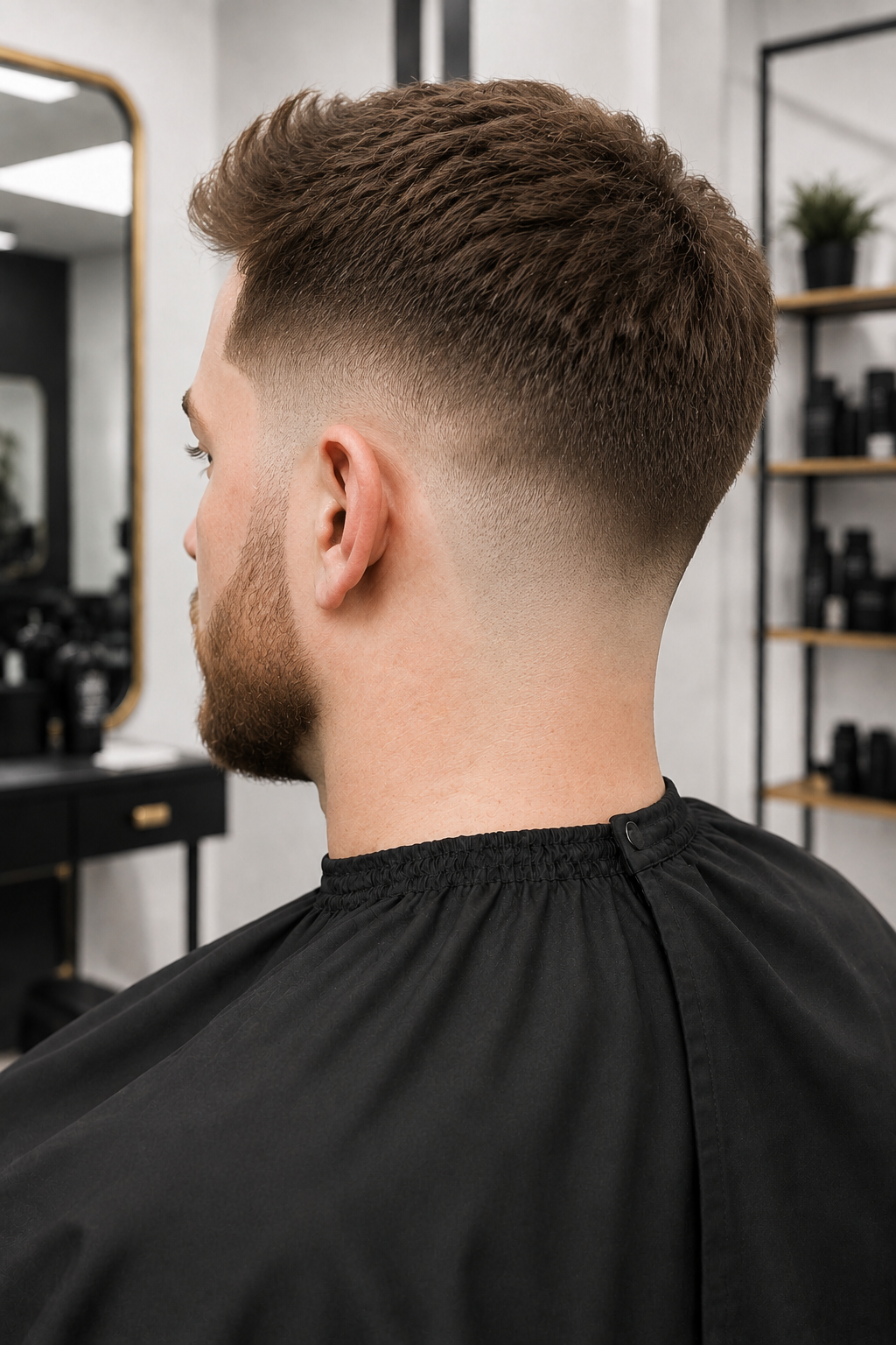 Side view of a man at a barbershop with a modern fade haircut and beard, sitting in front of a mirror with shelves of hair products in the background.