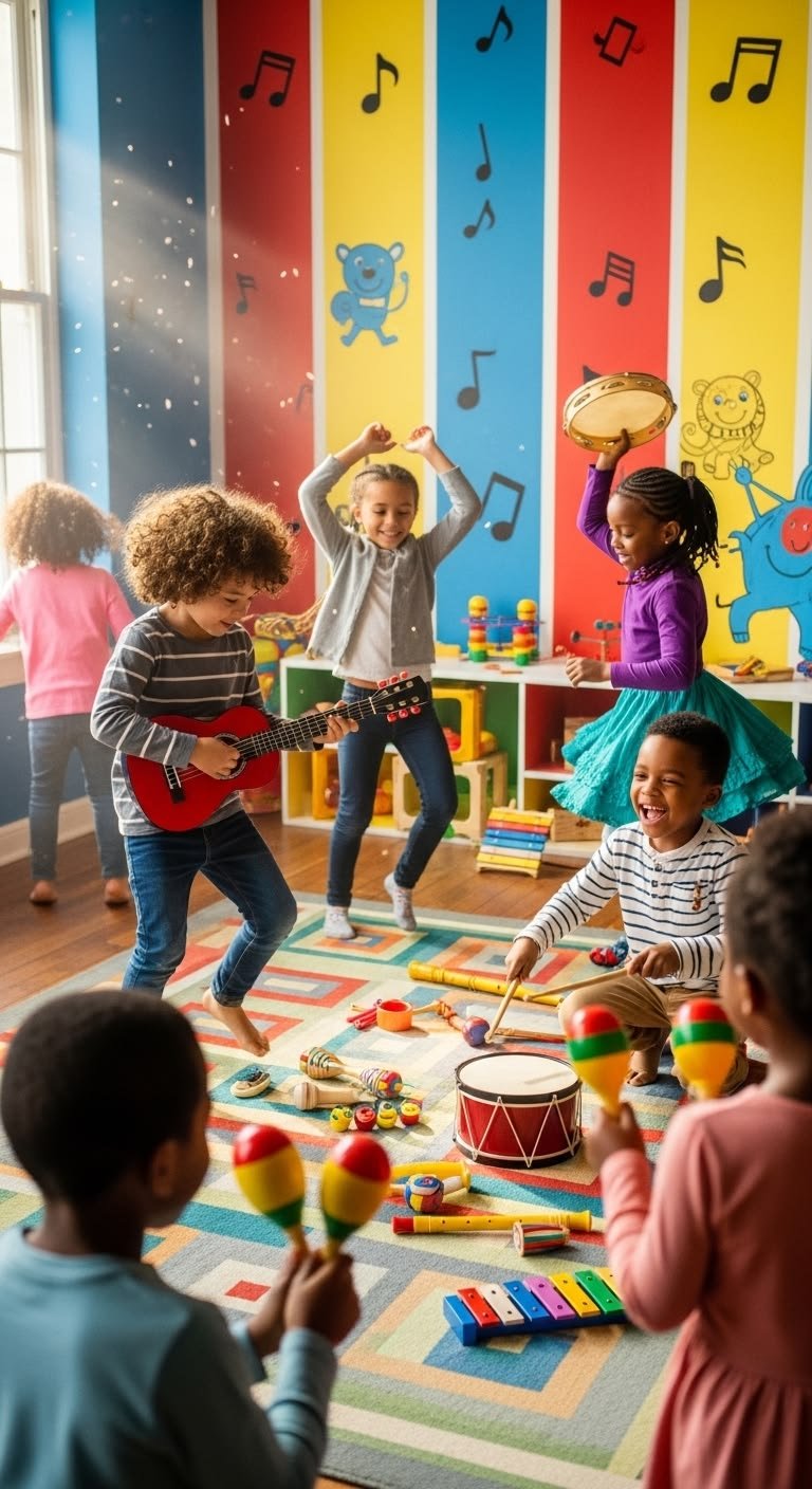 Children dancing and playing musical instruments in a colorful playroom with music-themed wall decorations.