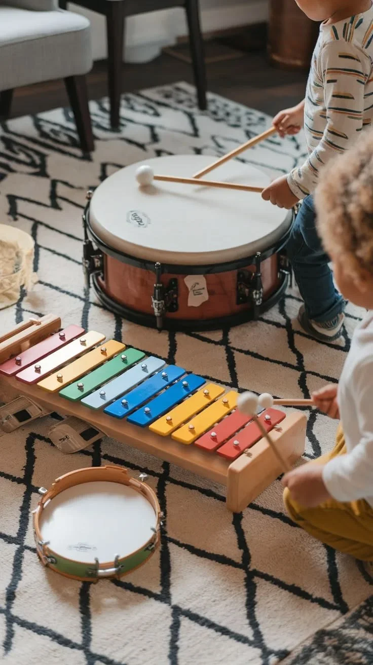 Two children playing musical instruments indoors, including a xylophone with colorful bars, a large drum, and a tambourine, on a patterned rug.