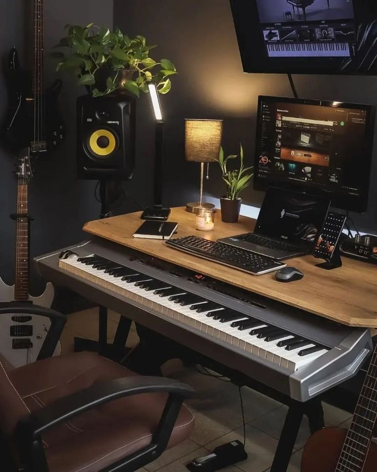 Home music studio workspace with digital keyboard, computer monitor displaying music software, studio monitor, guitar on stand, and various music accessories, illuminated by a small table lamp and a tall adjustable light, with a potted plant on the desk.