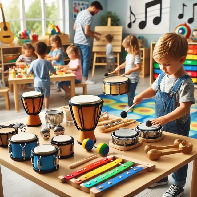 Children playing with musical instruments, including drums and xylophones, in a colorful classroom.