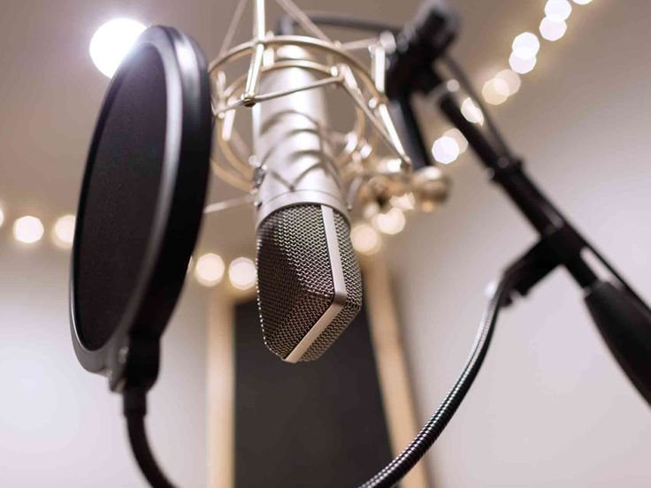Close-up of a professional studio microphone with a pop filter on a stand in a recording studio.