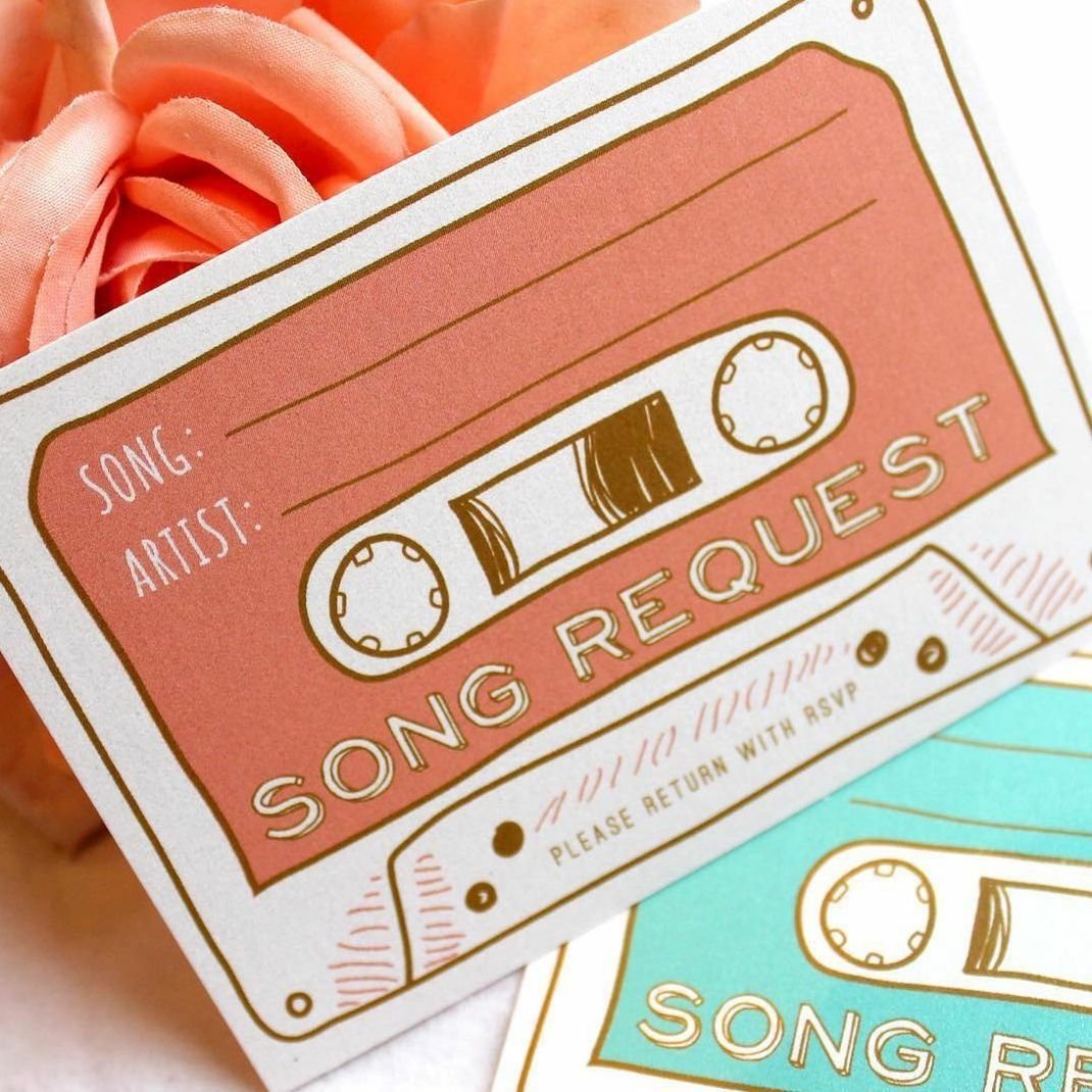 Invitation resembling a cassette tape with the words "Song Request" and space for song title and artist, featuring pastel colors and decorative elements.