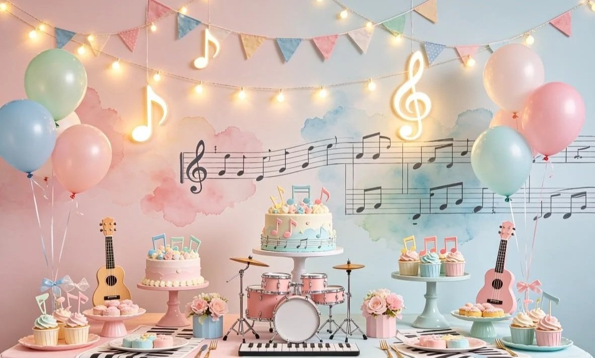 Colorful party table with musical-themed decorations, balloons, cupcakes, a cake, musical instruments, and musical note decorations on a pastel-colored wall.