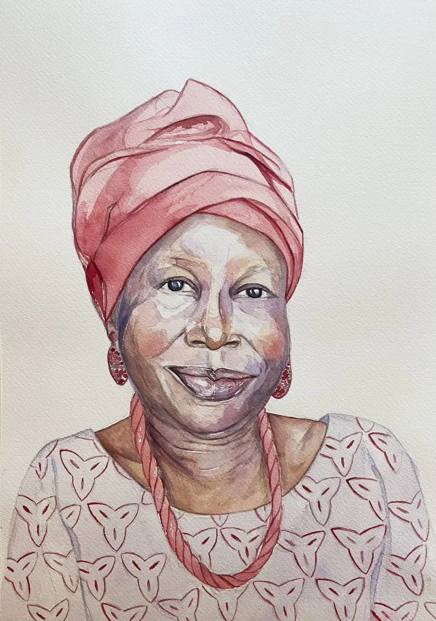 'Mrs A - Red Gèlè (2026) -

Watercolour and coloured pencil on cold-pressed watercolour paper