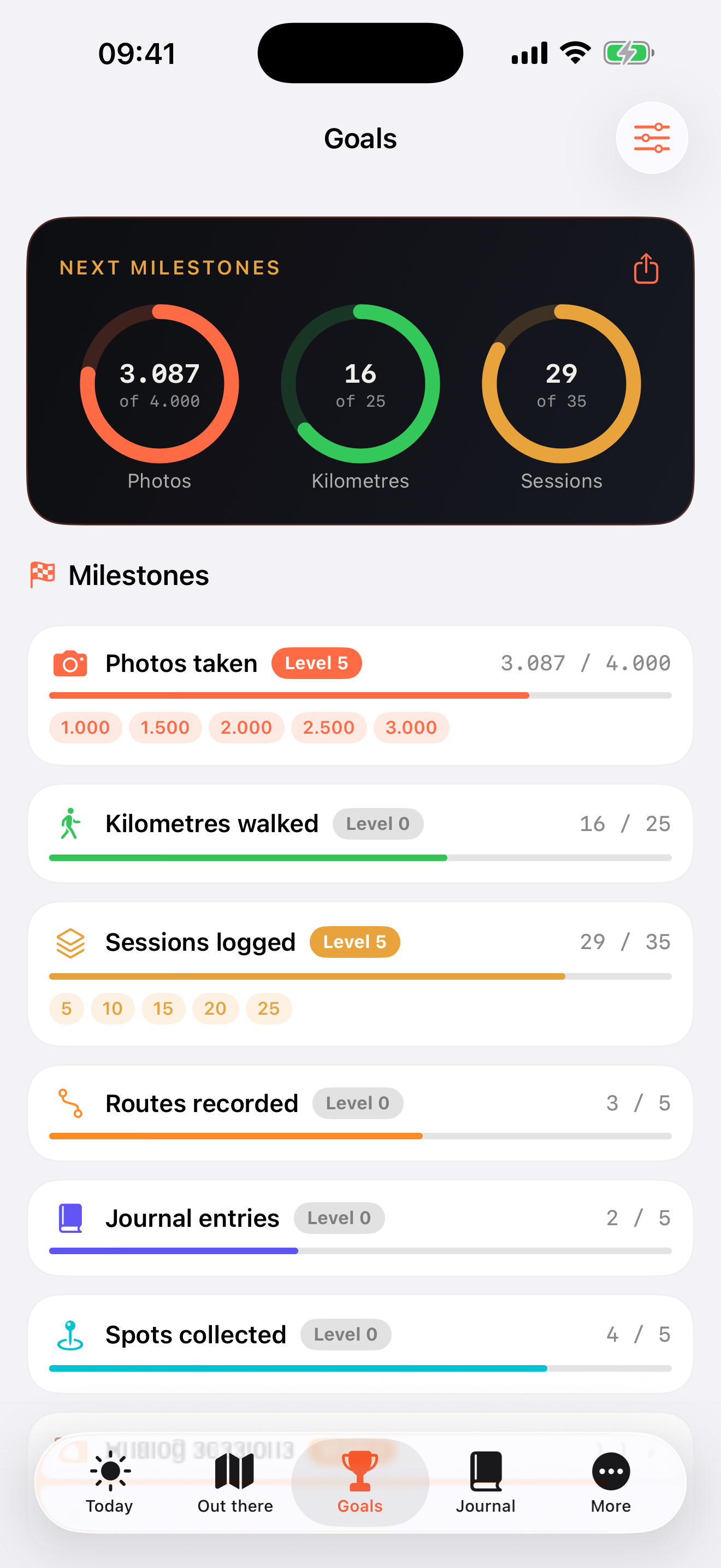 Smartphone-Display mit Fitness-Ziele, das Fortschritte bei Fotobestimmungen, Kilometer, Sitzungen, Routen und Tagebuchaufzeichnungen zeigt.