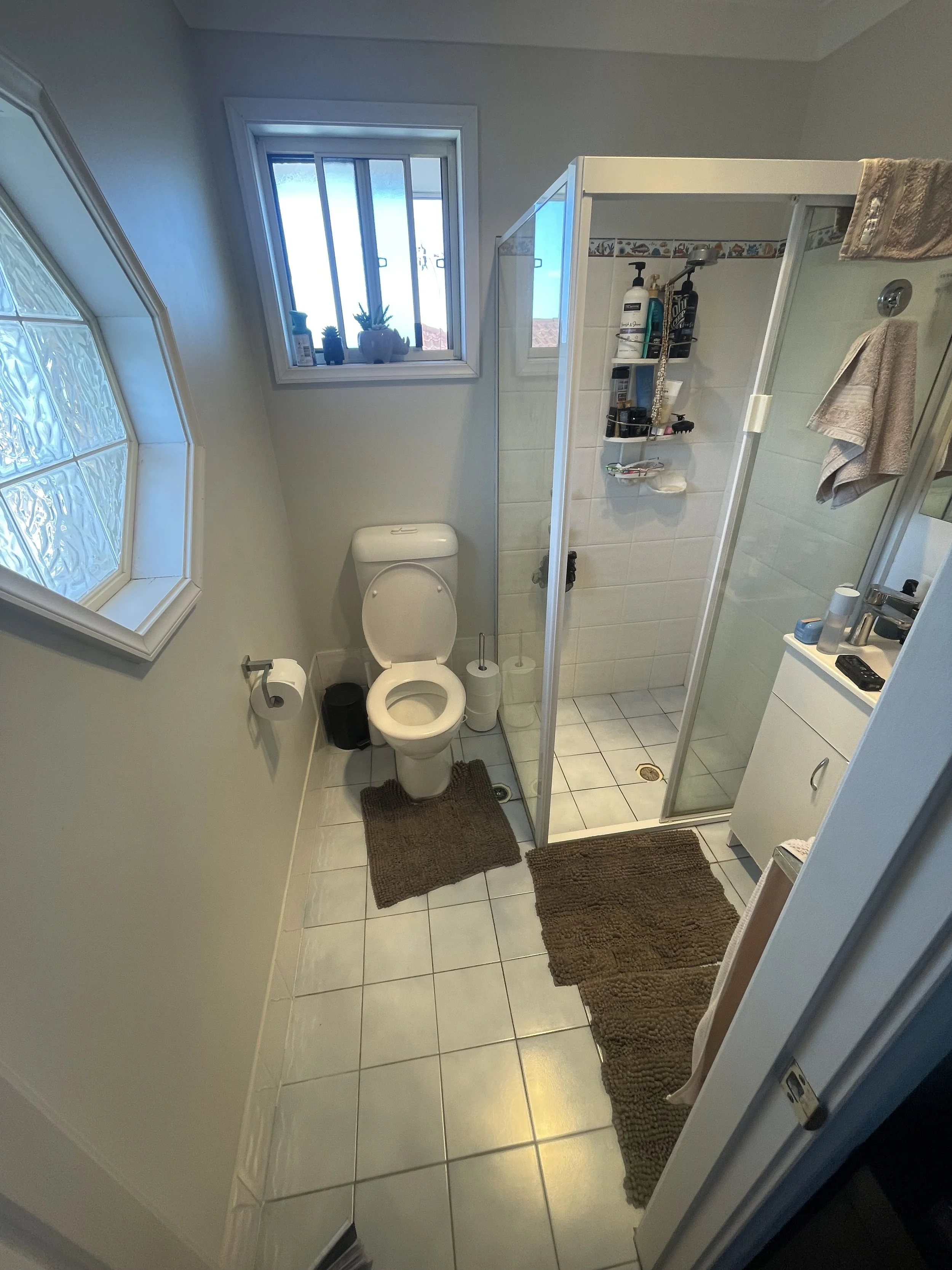 A small bathroom with white tiled floor and a glass shower enclosure. There is a toilet with a brown mat in front, a small white cabinet, a window with small potted plants on the sill, and brown bath mats. A towel hangs on the glass shower door.