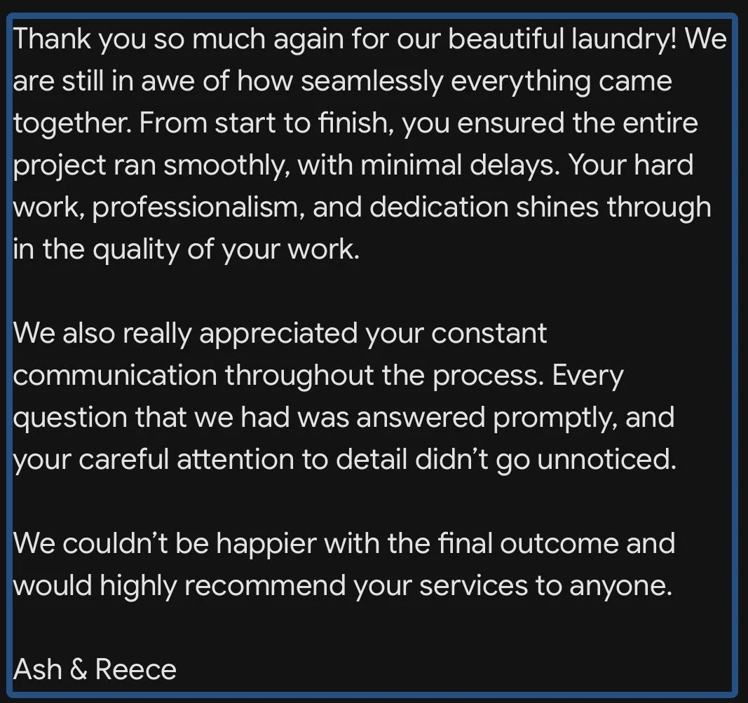 A digital screenshot of a customer testimonial review expressing gratitude for a laundry service. The text praises the professionalism, quality, communication, and promptness of the service, signed by Ash & Reece.
