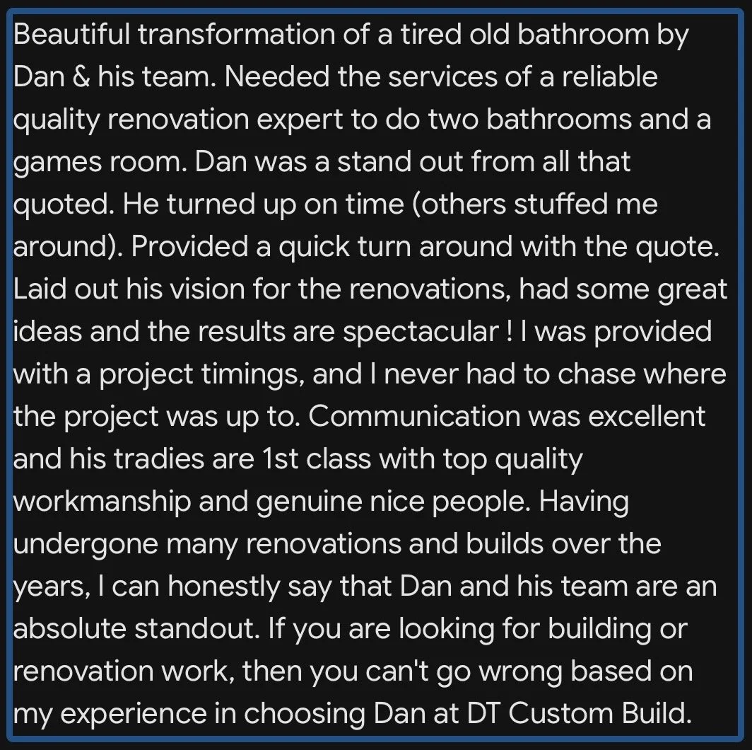 Screenshot of a positive review about Dan's home renovation team, highlighting their professionalism and quality work.
