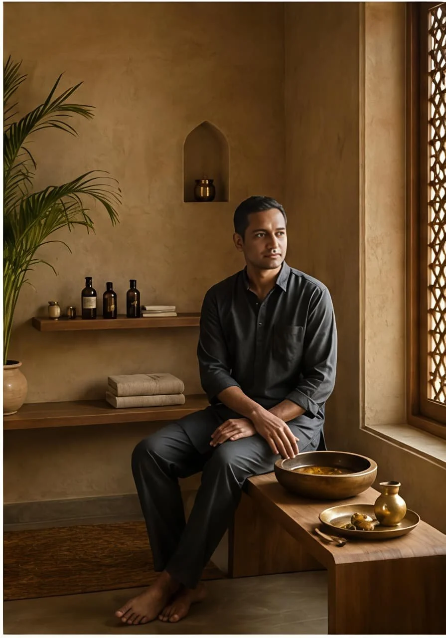 A man sits alone in a warmly lit room with beige walls, barefoot, wearing dark gray pajamas, looking out the window. There are decorative bottles and books on a floating shelf behind him, a large potted plant to his left, and a wooden table with a bowl of soup, a small vase, and a spoon to his right.