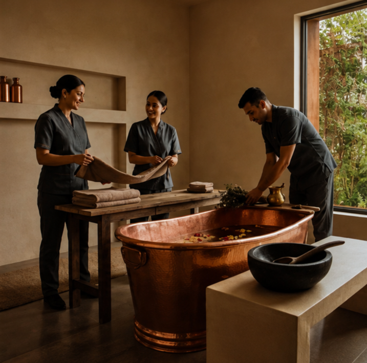 Three spa staff members preparing a bath with flower petals, in a spa room with a large window and minimal decor.