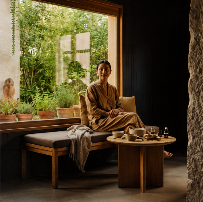 A woman sitting on a cushioned bench by a large window filled with potted plants, with a wooden table holding bowls and bottles, in a cozy, well-lit room.