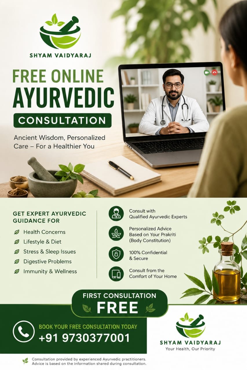 An advertisement for free online Ayurvedic consultation featuring a woman engaging in a video call with a male doctor in a white coat with stethoscope. The ad highlights Ayurvedic guidance on health, lifestyle, stress, digestion, and immunity, with contact details and a logo of a mortar and pestle with leaves.