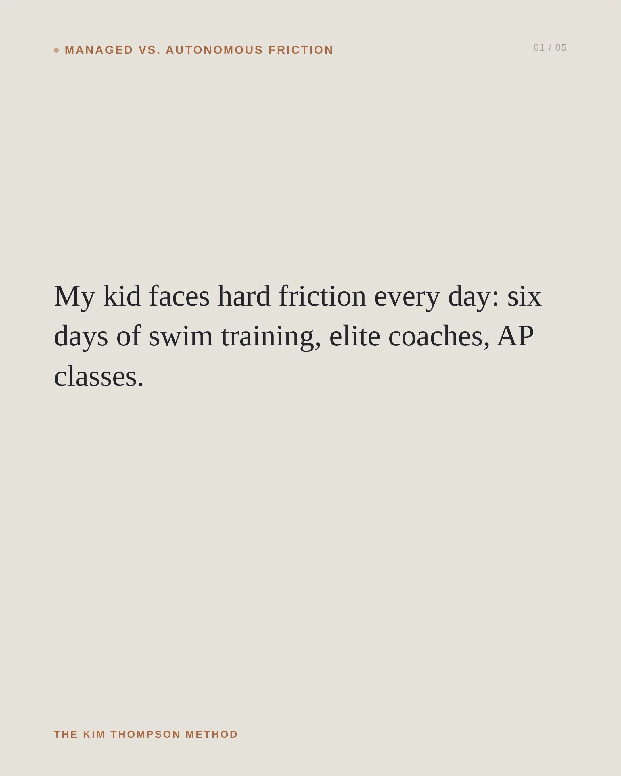Six days of swim training. Elite coaches. AP classes. None of that is the problem, it&rsquo;s real work and it matters.

Here&rsquo;s the part that doesn&rsquo;t show up on the schedule: every one of those hours has an adult who designed the obstacle
