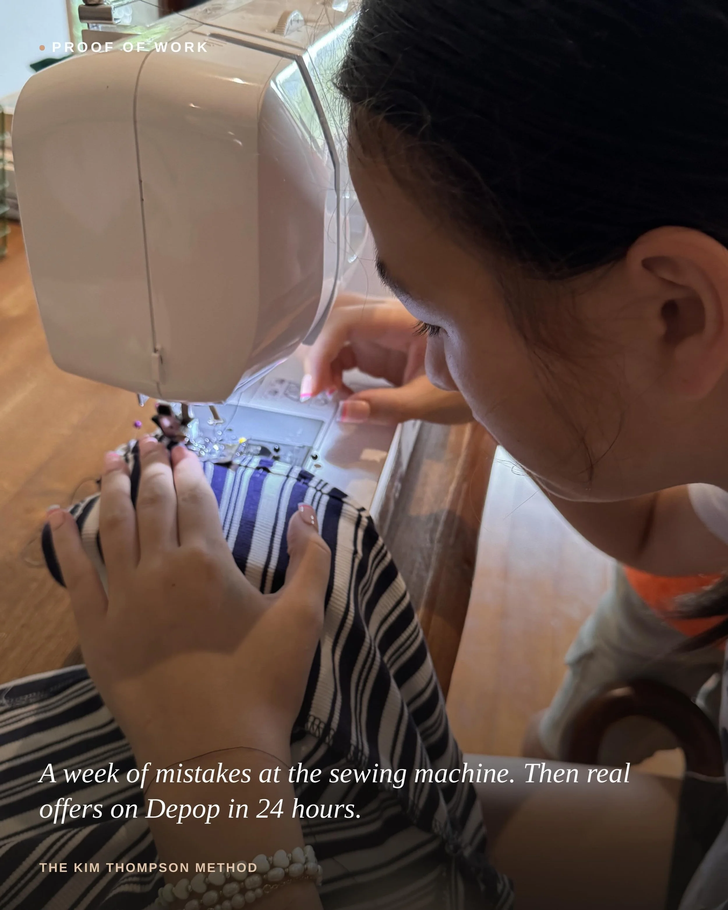 One week of whining, frustration, and fixing mistakes at the sewing machine. No AI shortcuts, no passive scrolling. Just a thrift store find, raw labor, and a finished piece listed on Depop that pulled its first offers within twenty-four hours. This 