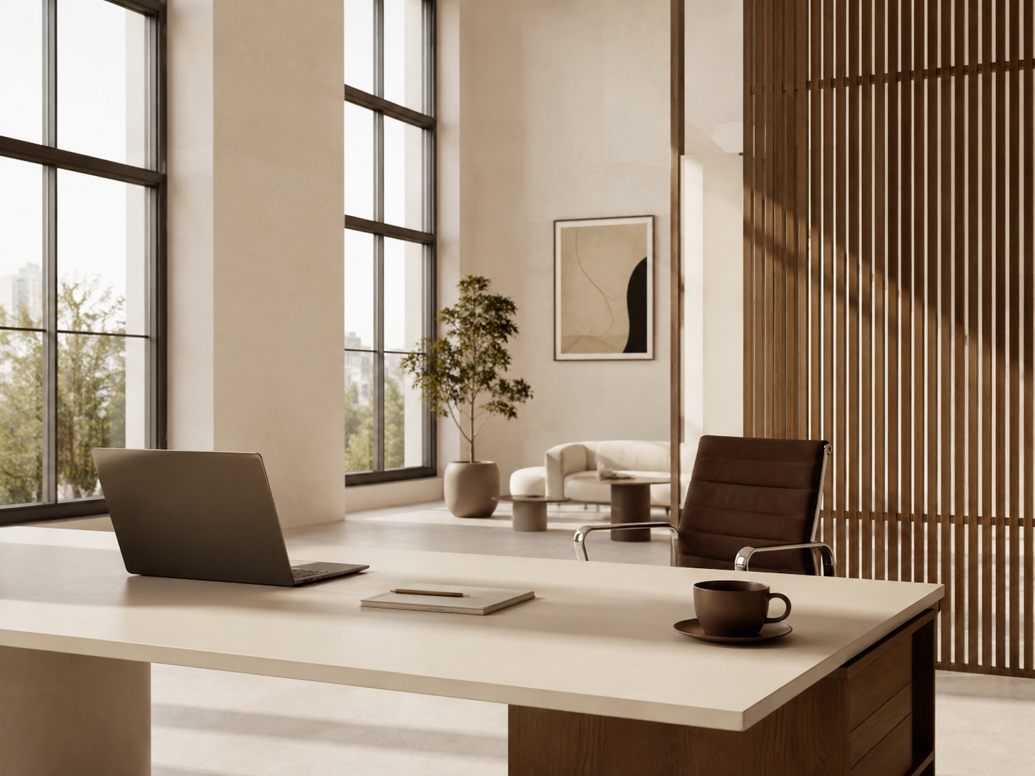 Modern office with large windows, a white desk with a laptop, notebook, and coffee cup, a brown chair, and a lounge area with a white sofa, coffee table, artwork, and a potted plant.