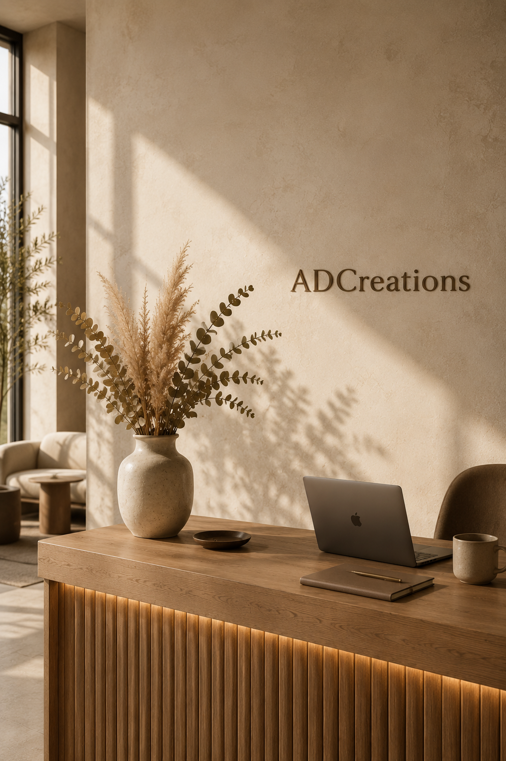 Modern reception desk with a laptop, notebook, cup, and large vase with pampas grass and eucalyptus on top, in a warmly lit office space with beige walls and natural light.