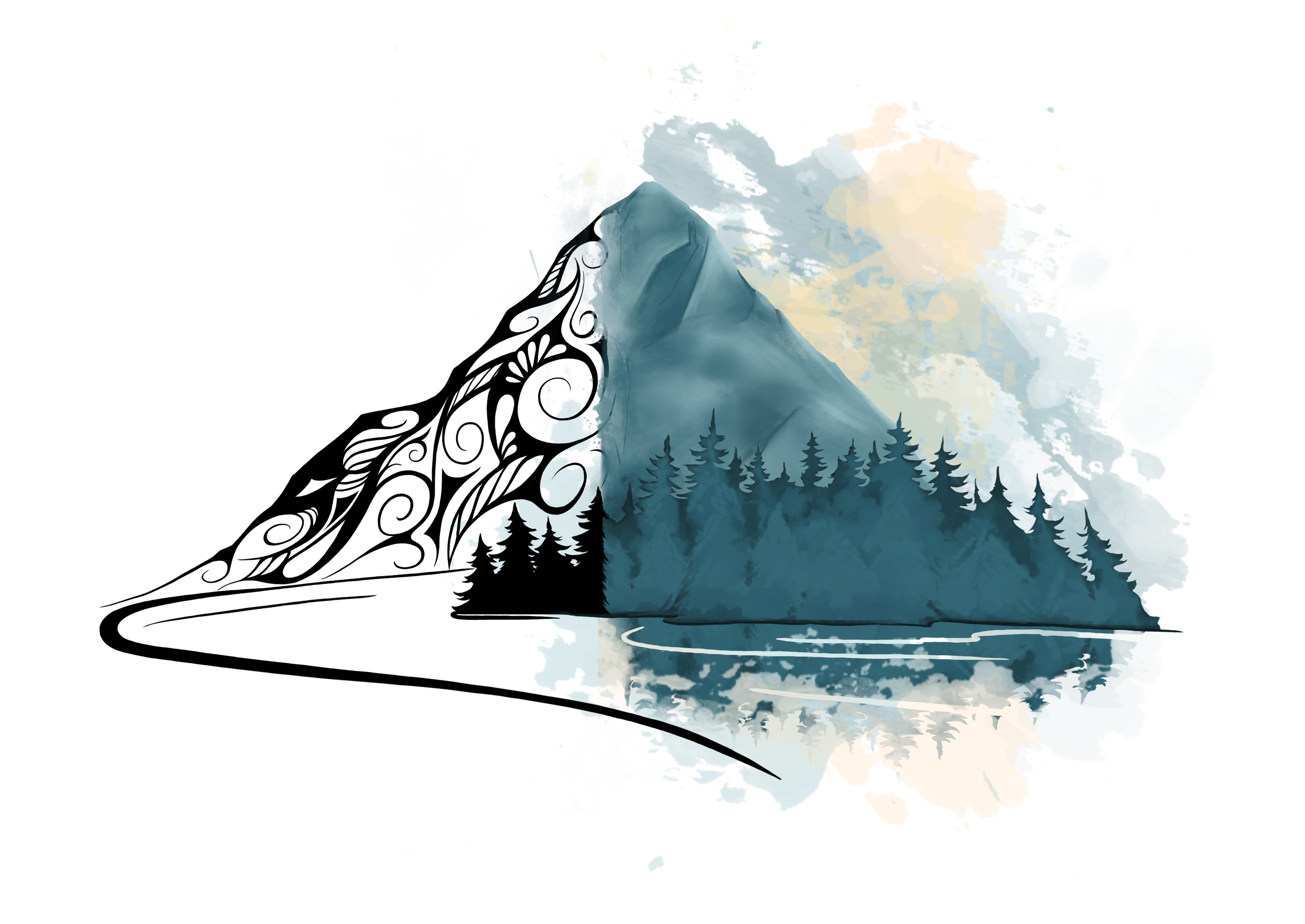 Stylized mountain landscape with evergreen forest, lake reflection, and decorative black line art