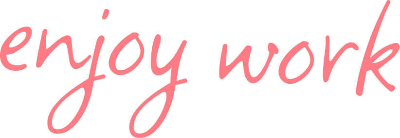 Der Text 'enjoy work' in pinker, handschriftartiger Schrift auf schwarzem Hintergrund.