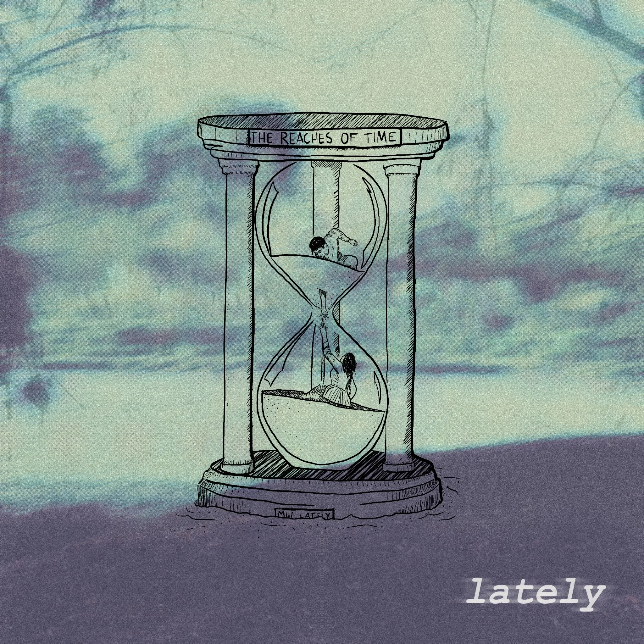 Drawing of an hourglass. A man and woman are in each bulb of the glass, reaching through the sand in the middle. Background is a photo of a riverbank in blue/green coloring. The word "lately" is in the bottom right corner.