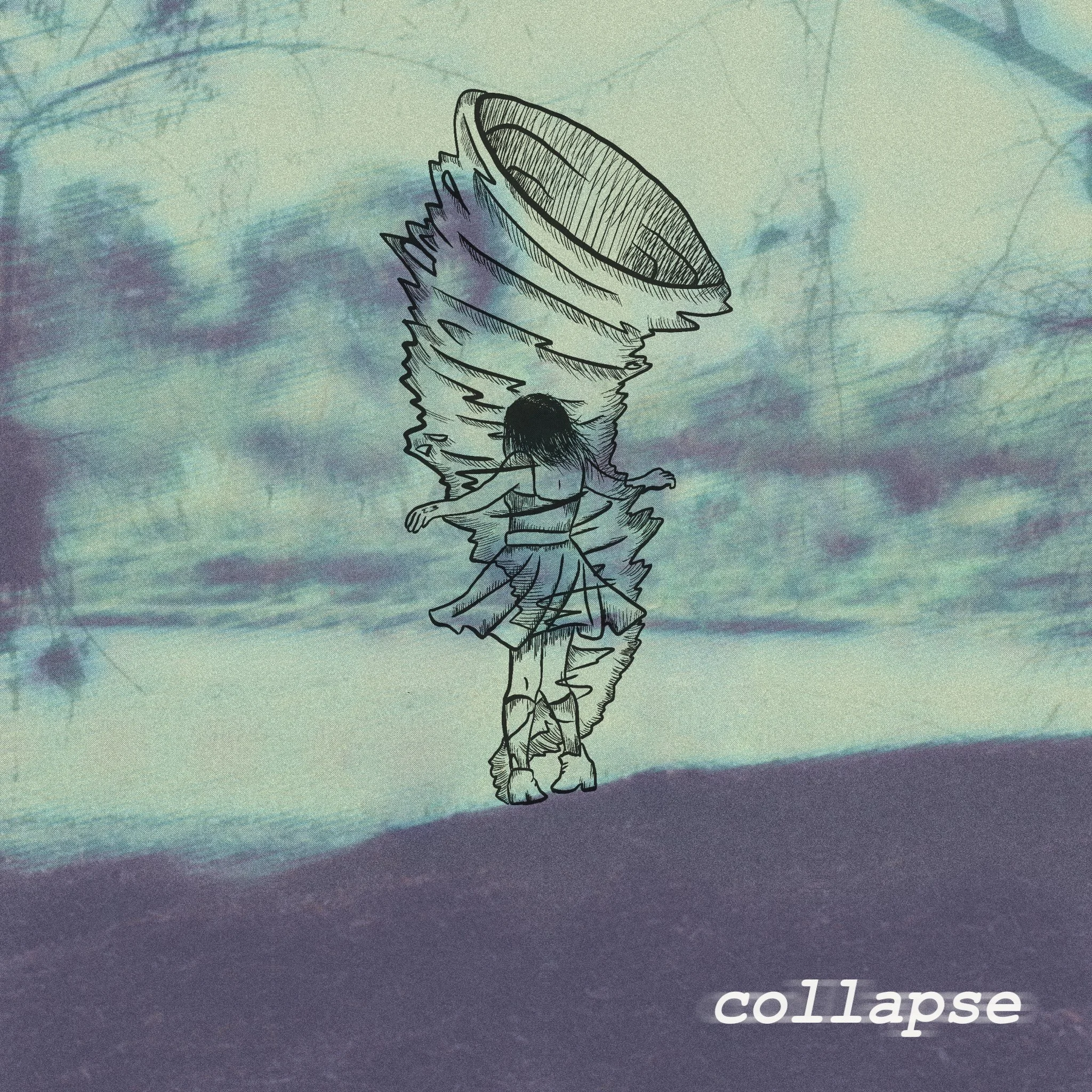 Drawing of a girl in a hurricane. Background is a photo of a riverbank in blue/green coloring. The word "collapse" is in the bottom right corner.