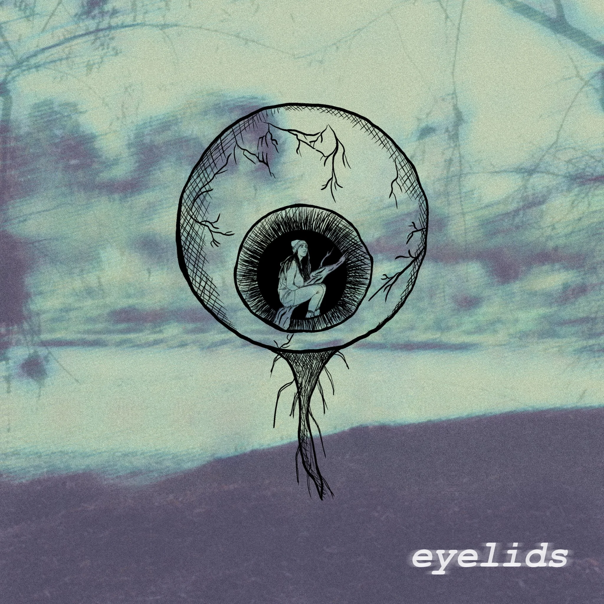 Drawing of an eyeball with a woman sitting in the pupil. Background is a photo of a riverbank in blue/green coloring. The word "eyelids" is in the bottom right corner.