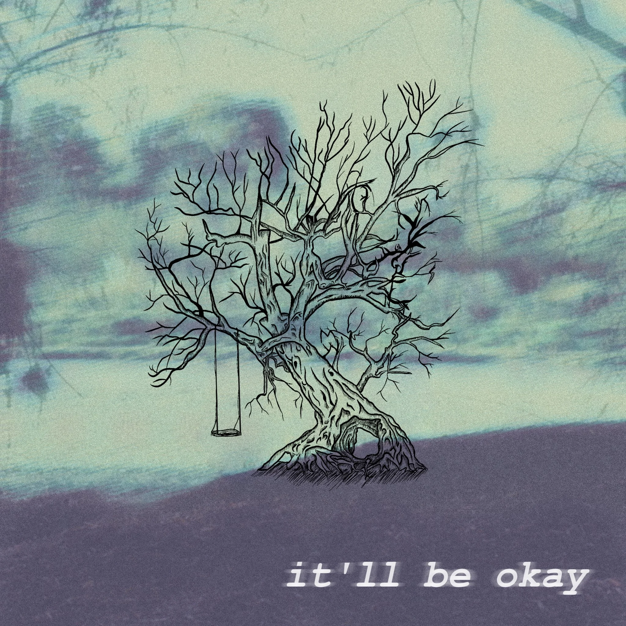 A digital illustration of a leafless tree with a swing hanging from one of its branches. The background features a cloudy sky with subtle colors and the text 'it'll be okay' in the lower part of the image.