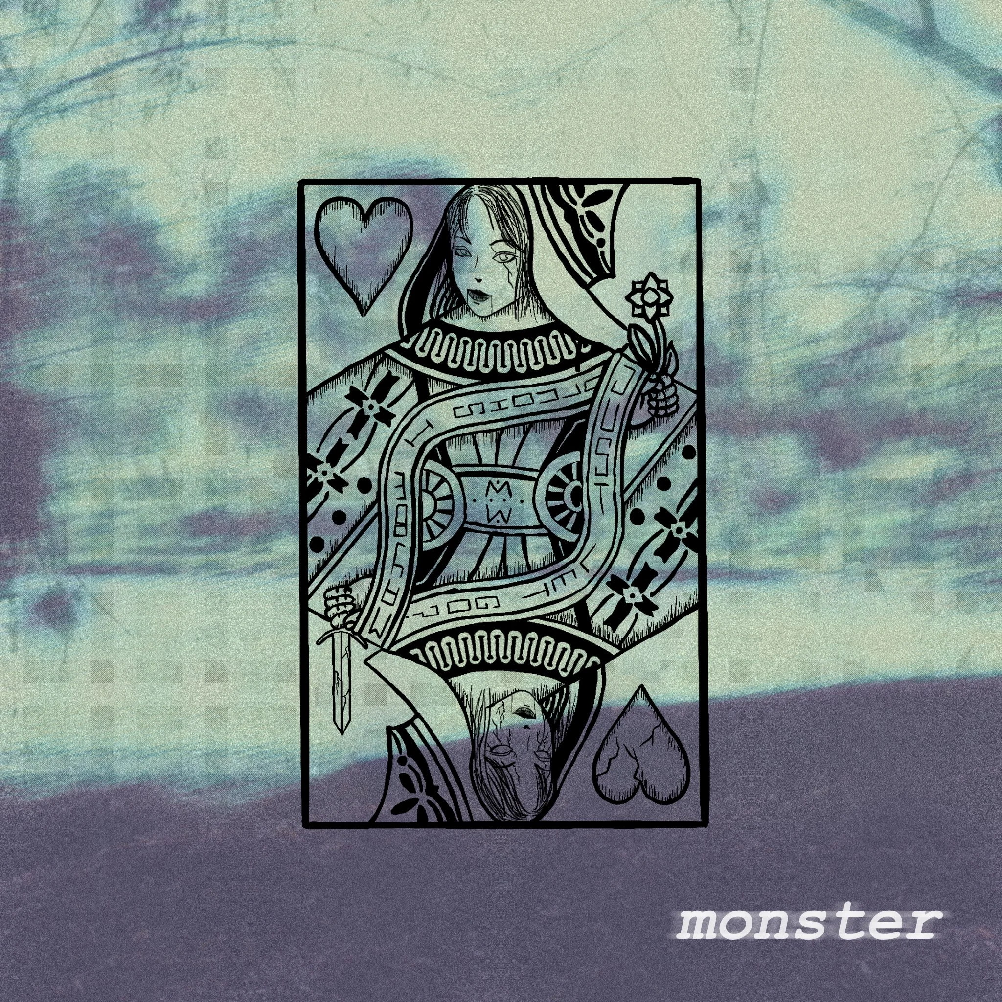 A drawing of a queen of hearts playing card. One side is perfect and holding a rose. The other side is holding a dagger and appears darker.  Background is a photo of a riverbank in blue/green coloring. "monster" is in the bottom right corner.