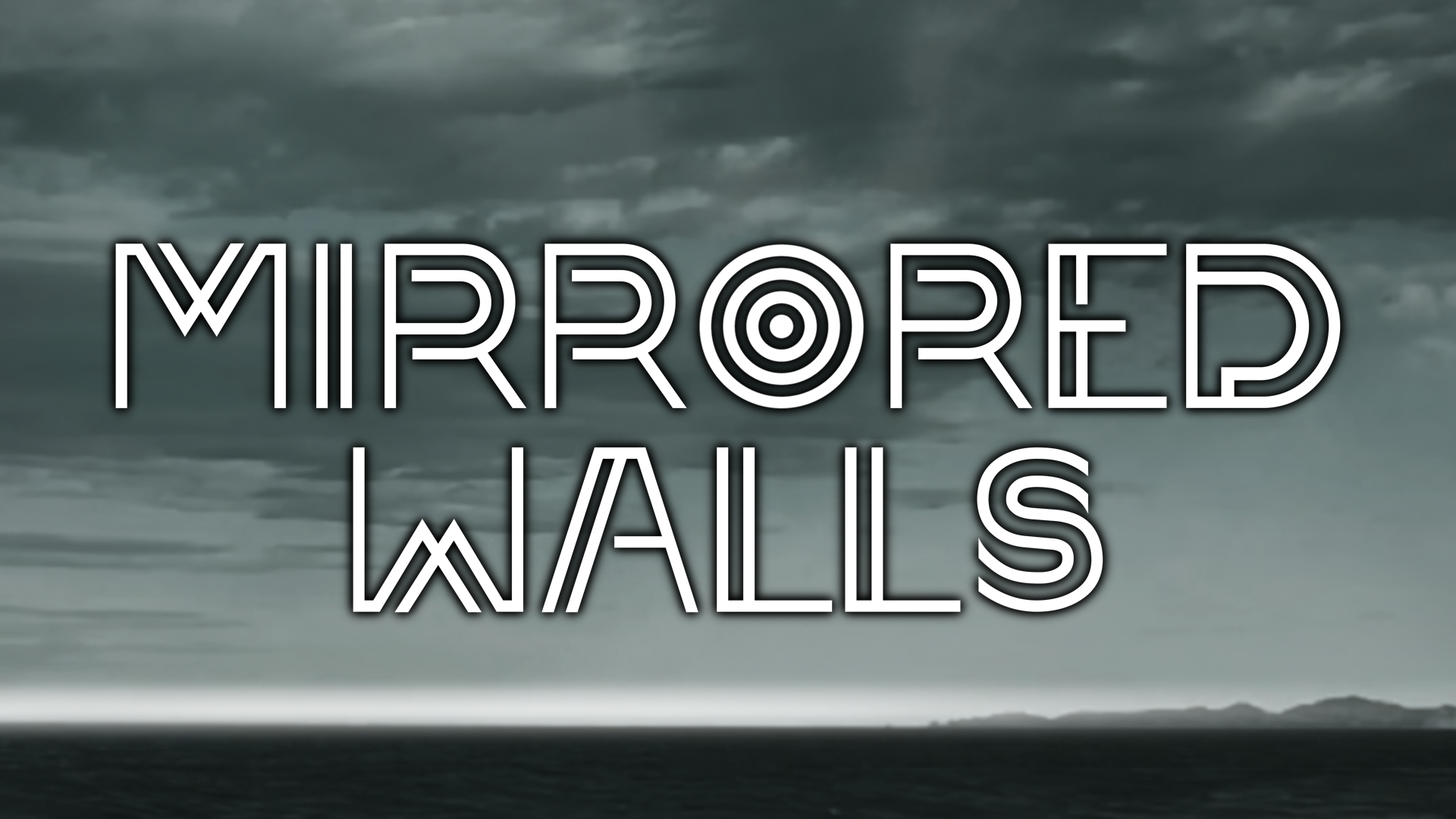 The words "Mirrored Walls" are overlaid on an image of a cloudy sky with a distant horizon, rendered in white neon-style font with a black outline.