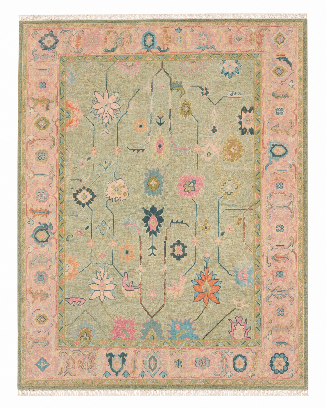 Sage Green & Blush Pink Oushak Turkish Hand-Knotted Rug – 9x12 ft