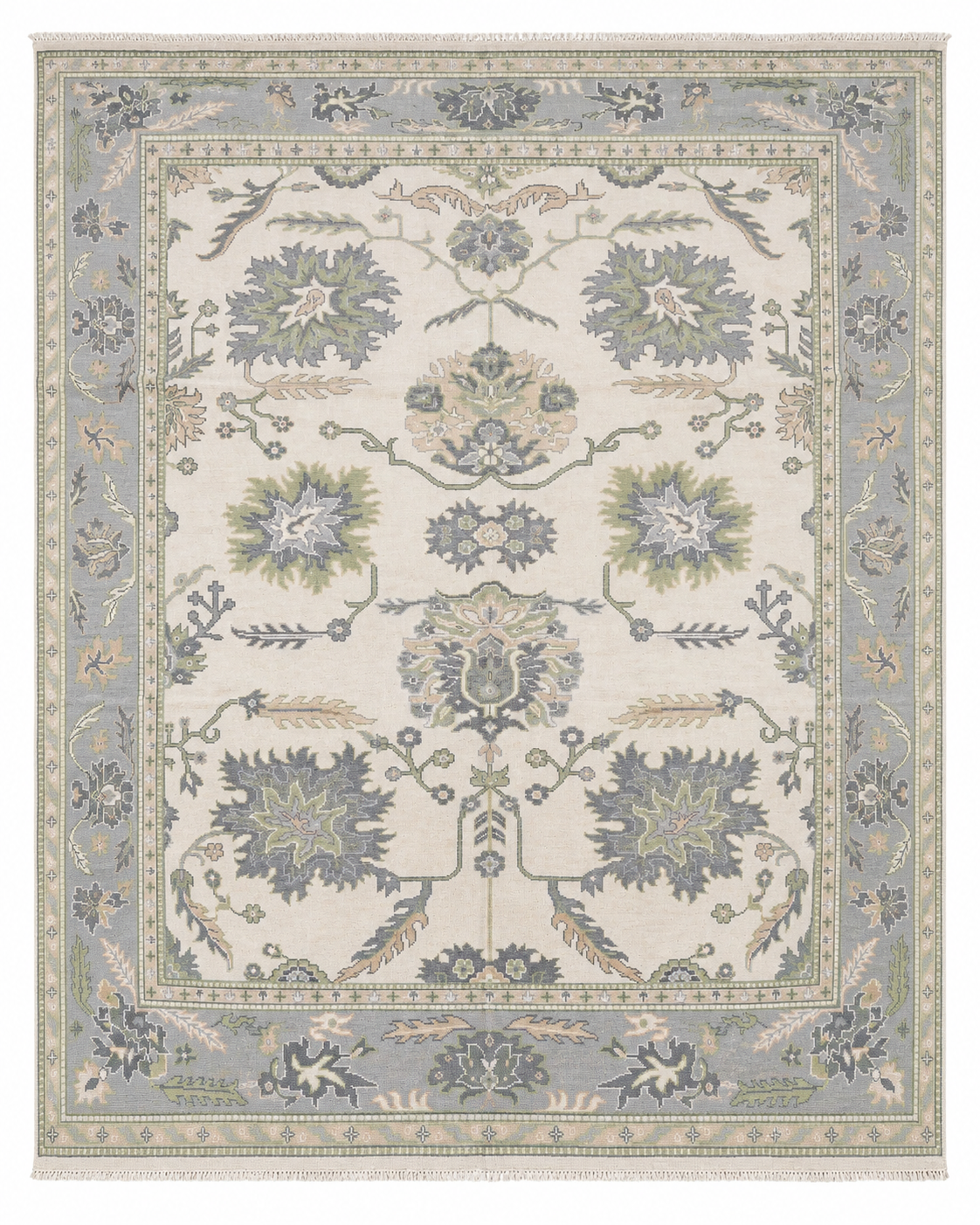 Ivory, Blue Gray & Sage Oushak Rug 12×15 – Hand-Knotted Turkish Wool Rug
