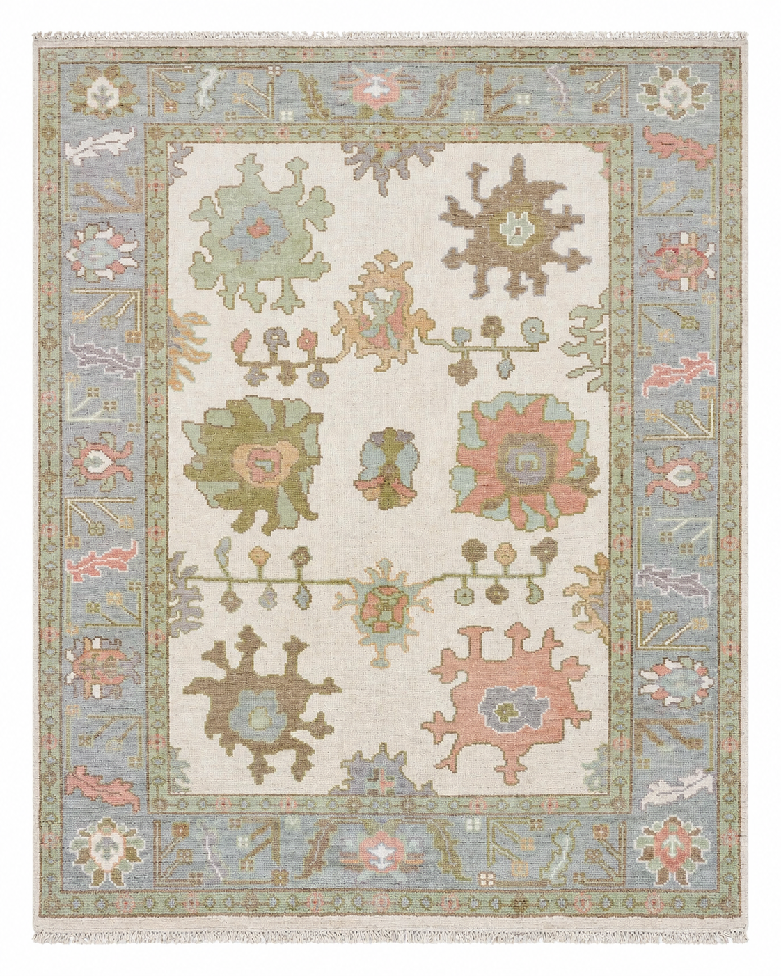 Ivory, Blue Gray & Sage Oushak Rug 8×10 – Hand-Knotted Turkish Wool Rug