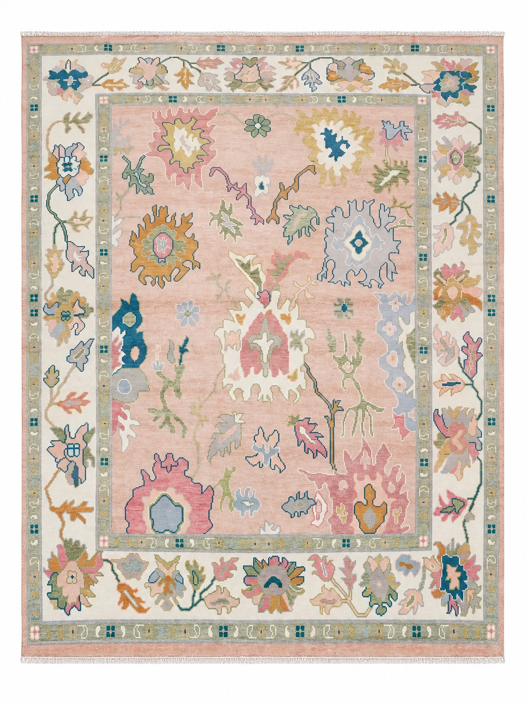 Blush Pink, Ivory & Sage Oushak Rug 9×12 – Hand-Knotted Turkish Wool Rug