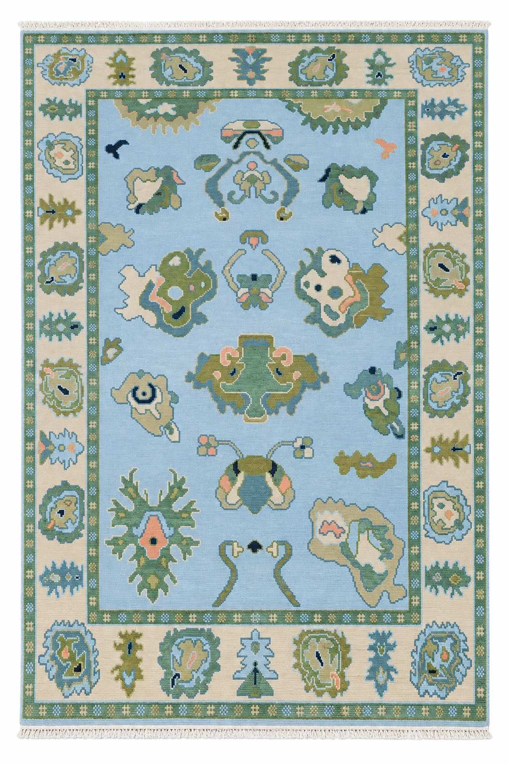 Sky Blue, Sage Green & Ivory Oushak Rug 6×9 – Hand-Knotted Turkish Wool Rug
