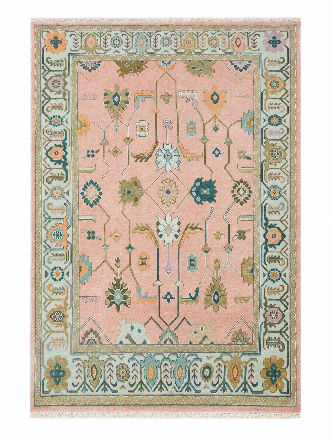 Blush Pink & Soft Aqua Oushak Turkish Hand-Knotted Rug – 9×12 ft
