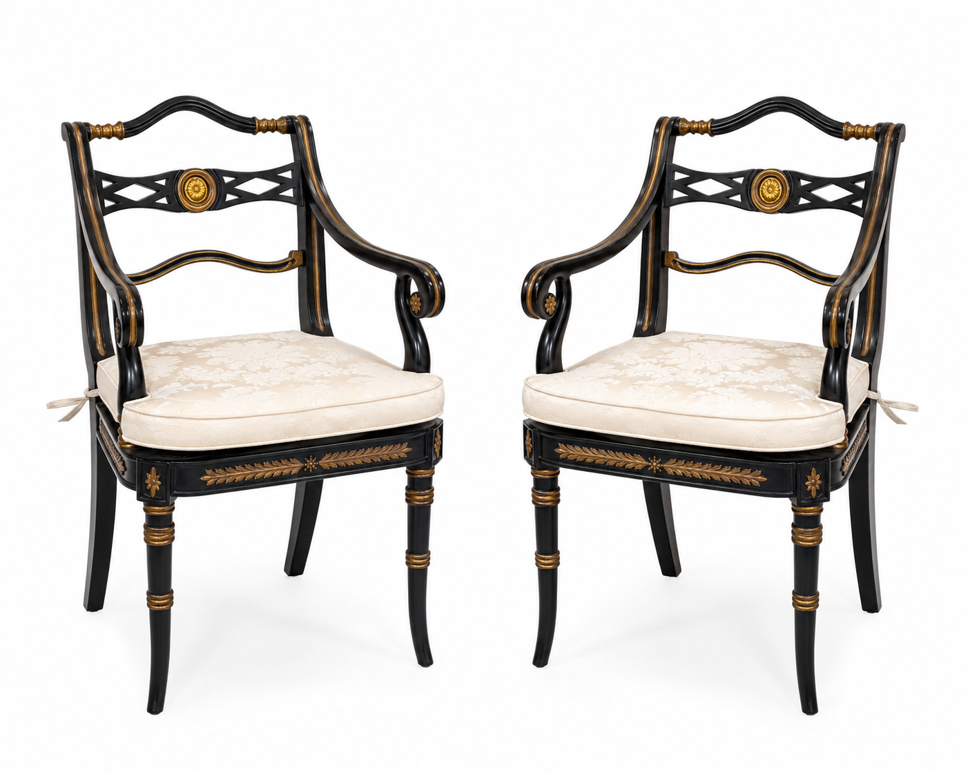Pair of Regency-Style Black & Gilt Armchairs with Cane Seats & Custom Cushions