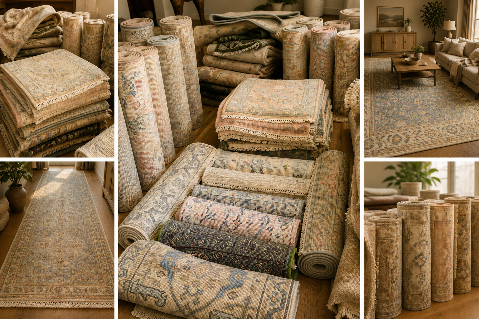 Various rolled and folded area rugs and carpets in a home decor store, with some laid flat on the floor and others stacked or rolled for display.