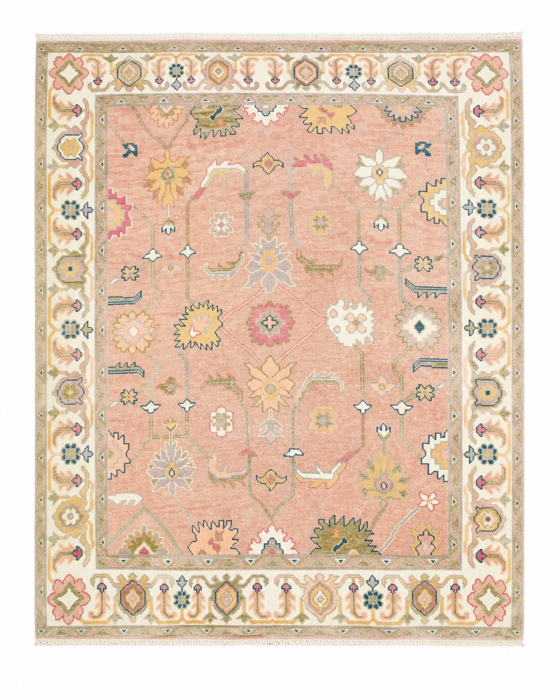 Blush Pink & Sage Oushak Rug 6×9 – Hand-Knotted Turkish Wool Rug