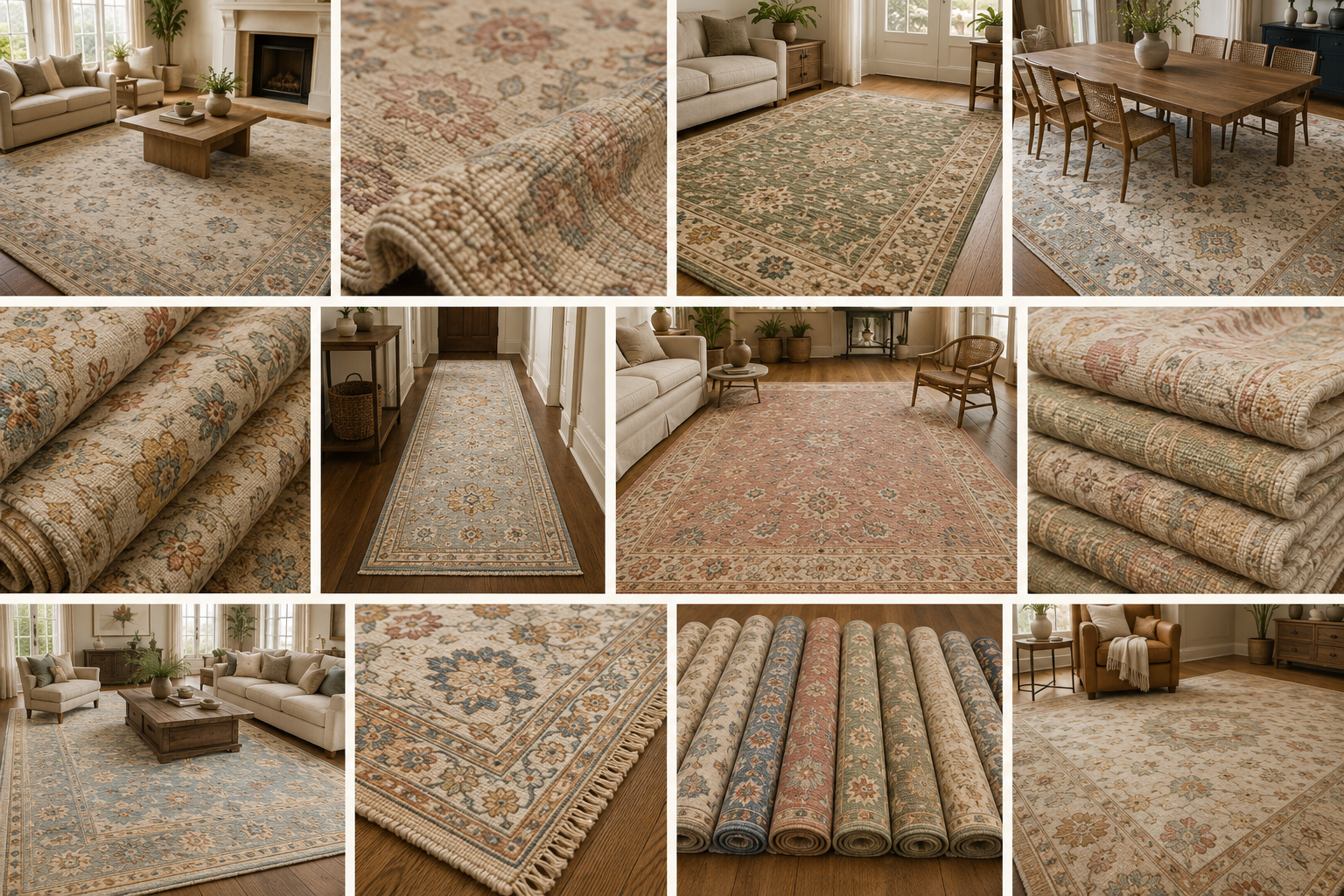 A collection of various traditional and modern area rugs and carpets with floral and geometric patterns in neutral, pastel, and earthy tones, displayed in different rooms and rolled up for storage.