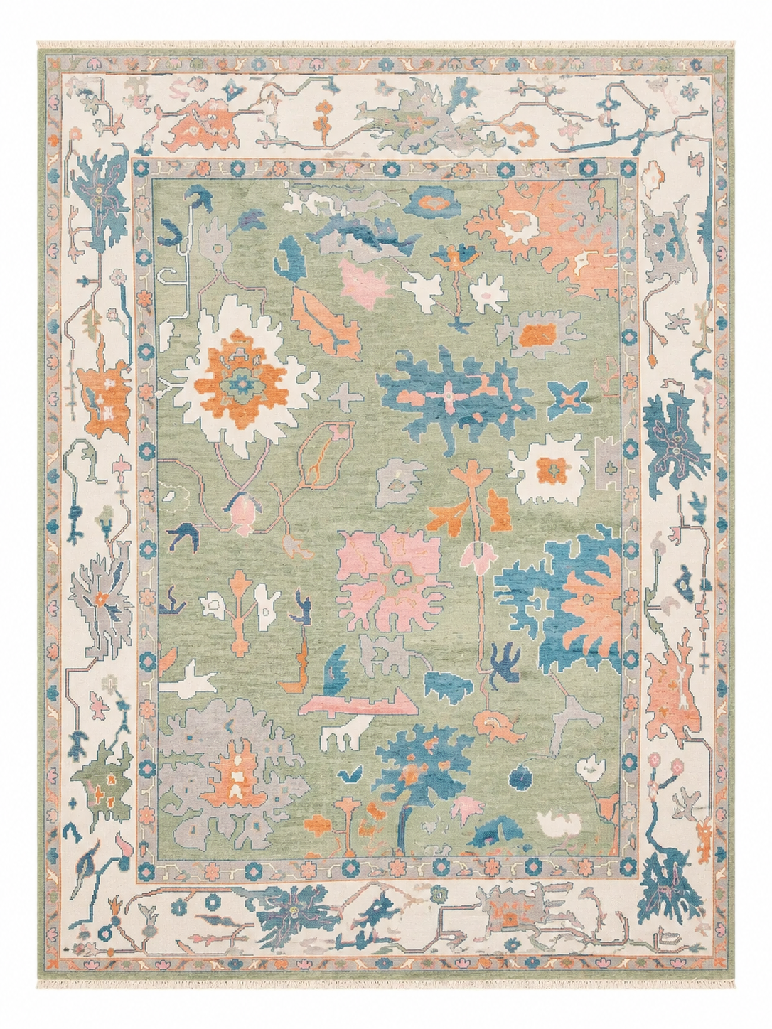 Sage Green & Ivory Oushak Turkish Hand-Knotted Rug – 12x15 ft
