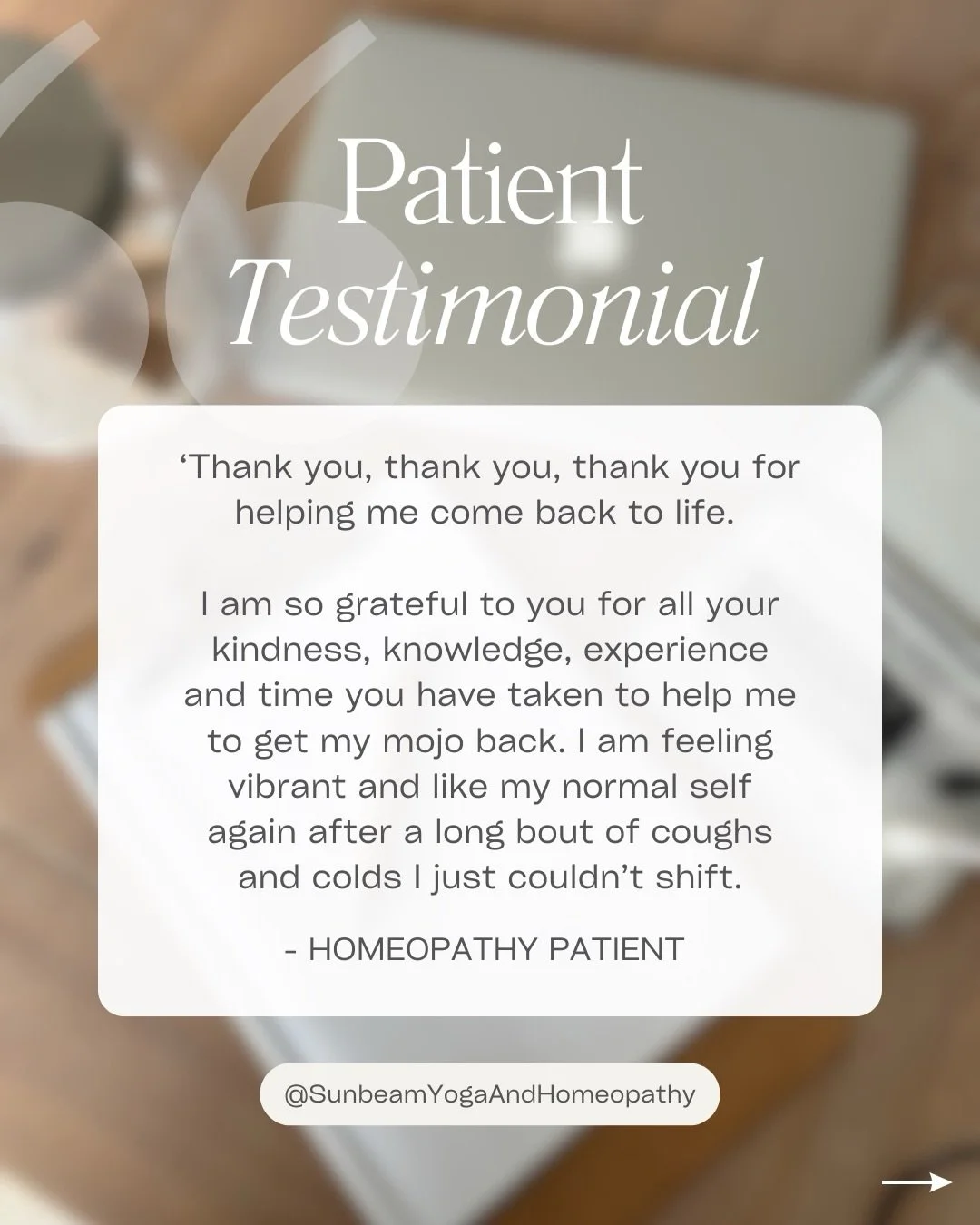 PATIENT TESTIMONIAL ✨

This patient had been trying for months to recover from a persistent cough. Nothing seemed to help. She had even tried self-prescribing homeopathic remedies, but without success.

It wasn&rsquo;t until we sat down together and 