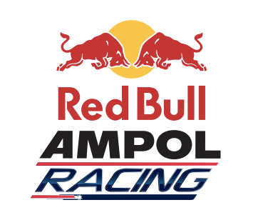 Red Bull Ampol Racing logo with two red bulls charging towards each other above a yellow sun, and bold text below.