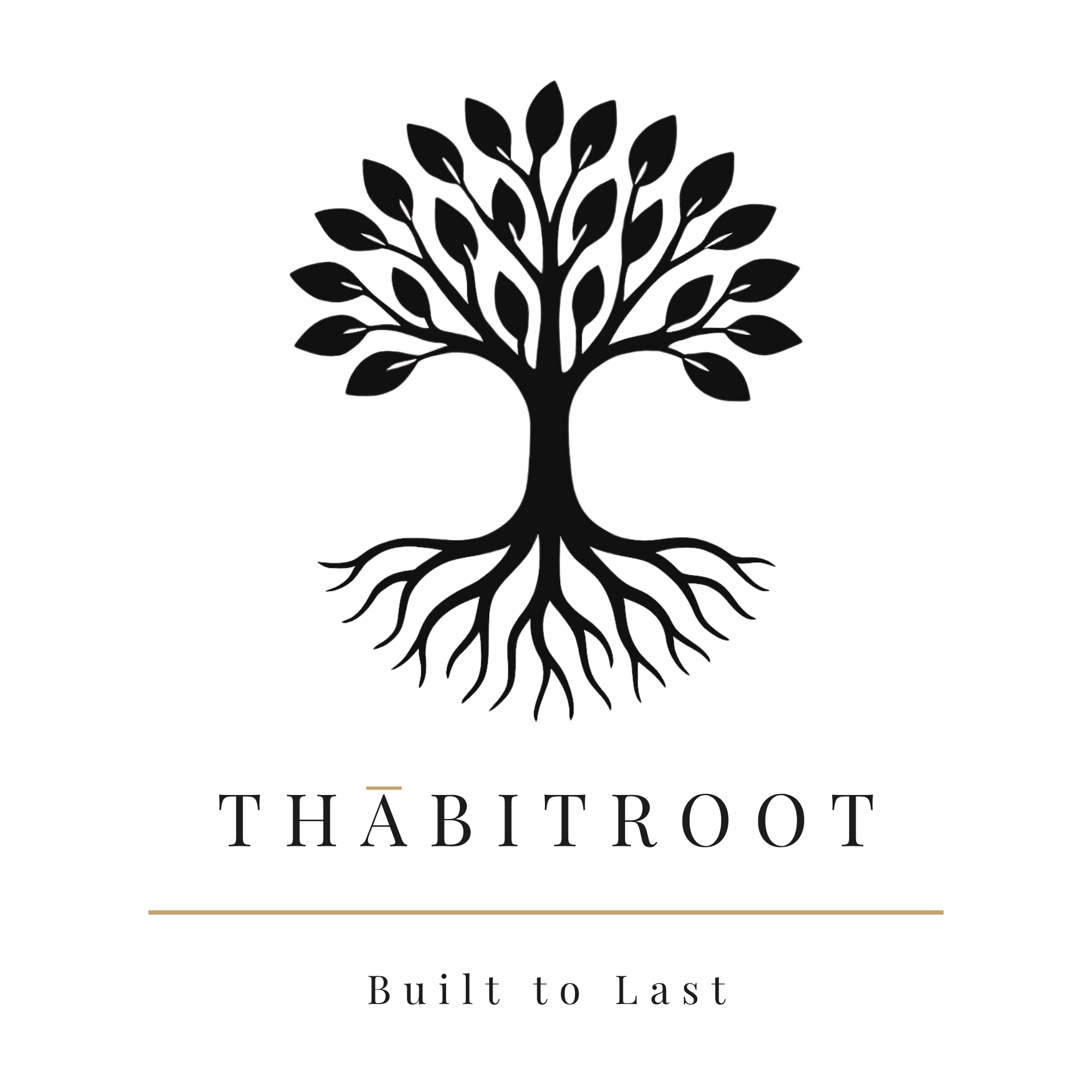 Ein stilisiertes schwarzes Baumlogo mit vielen Blättern, darunter der Text 'The Thabit Root' und der Slogan 'Built to Last' auf dunklem Hintergrund.