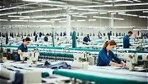 Workers operating sewing machines in a large garment factory.