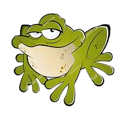 Cartoon green frog with large eyes and a rounded body
